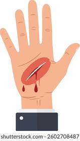 A human hand is illustrated with a visible cut, showing drops of blood, conveying a sense of injury and vulnerability in a flat design style.