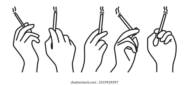 Imagen de mano humana que sostiene un cigarrillo encendido que emite humo, dedos, Vector negro, arte de línea