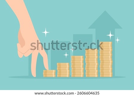 Human hand imitating walking with fingers on stairs made of gold coins. Flat vector illustration