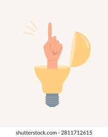 Human hand with index finger raised up in a big yellow light bulb, flat vector illustration