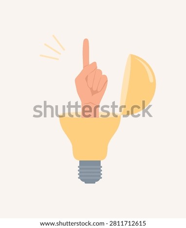 Human hand with index finger raised up in a big yellow light bulb, flat vector illustration