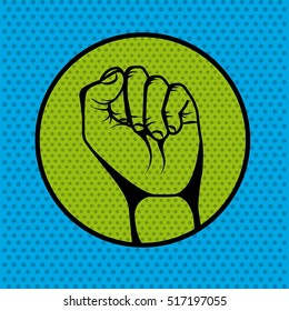 human hand inside circle over pop art colorful background. vector illustration