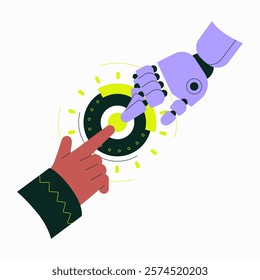 Human Hand Interacting With Robot Arm In Flat Vector Illustration Symbolizing Collaboration, Technology, And Future Innovation, Isolated On White Background.