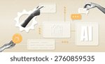 Human hand interaction with an artificial intelligence interface. Trendy halftone collage. Digital workflow management with automation tools, chatbots, and creative ideas. Futuristic technology and