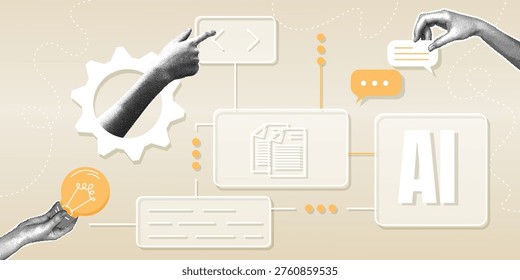 Human hand interaction with an artificial intelligence interface. Trendy halftone collage. Digital workflow management with automation tools, chatbots, and creative ideas. Futuristic technology and