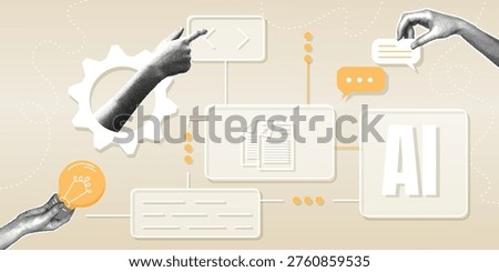 Human hand interaction with an artificial intelligence interface. Trendy halftone collage. Digital workflow management with automation tools, chatbots, and creative ideas. Futuristic technology and