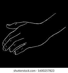 Human hand. Isolated vector illustration. Hand drawn linear doodle sketch. White silhouette on black background.