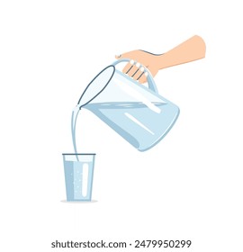 Menschliche Hand mit Krug füllt ein Glas mit Trinkwasser. Frische, Durst, Diät Vektorillustration.