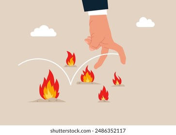 Mano humana salta a través del fuego. La adversidad y valiente para saltar fracaso empresarial, habilidad y resolver problemas. Ilustración vectorial plana