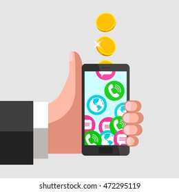 Human hand is keeping mobile phone and giving a thumbs-up at the same time. Gold coins fall into mobile phone, turning into calls, sms and internet access.