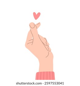 Human hand with korean heart sign. Vector illustrations in flat style of heart symbol. Girl hand with love gesture. Cartoon hand-drawn design elements isolated on white background. 