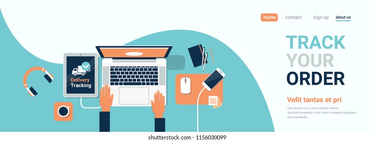human hand laptop computer delivery track company top angle view horizontal banner copy space flat vector illustration