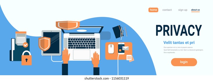 human hand laptop computer privacy General Data Protection Regulation top angle view horizontal banner copy space flat vector illustration