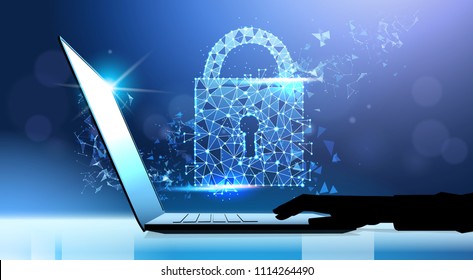 human hand laptop padlock Data protection privacy concept. GDPR. Cyber security network background. shielding personal information . internet technology networking connection