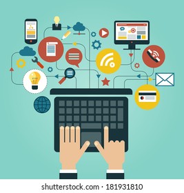 Human hand with a laptop surrounded by icons. Concept of communication in the network 