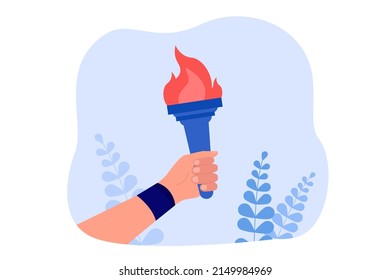 Human hand of leader holding torch stick with burning flame. Person lighting road, carrying symbol of triumph and start of sport event flat vector illustration. Leadership, glory, victory concept