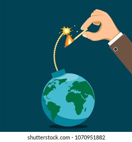 Human Hand Lights The Fuse. Bomb Is Like A Planet Earth. Terrorism And The Cold War. Stock Vector Illustration.