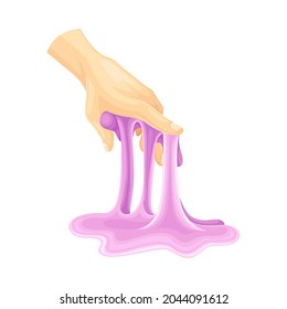 Mano humana con Lilac Slime como viscosa colorida ilustración de vectores de juguete