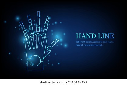Línea de mano humana, diferentes manos, gestos y señales, concepto de negocio digital, ilustración vectorial de fondo de innovación digital futurista.