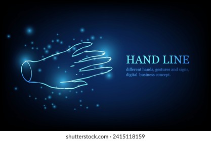 Línea de mano humana, diferentes manos, gestos y señales, concepto de negocio digital, ilustración vectorial de fondo de innovación digital futurista.