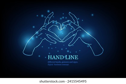 Human hand line, different hands, gestures and signs, love concept, futuristic digital innovation background vector illustration.