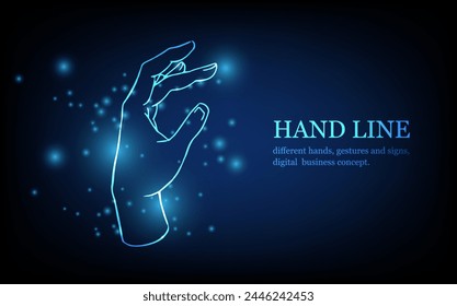 Línea de mano humana, diferentes manos, gestos y signos, concepto de negocio digital, Ilustración vectorial de fondo de innovación digital futurista.