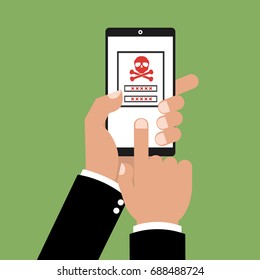 Human hand login to dangerous phishing website authentication with phone security key code password. Vector illustration cyber security concept.