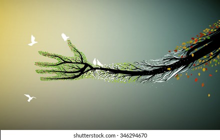 Human hand looks like tree with white pigeons in four seasons of the year (summer, spring, winter, autumn) , nature hand,  help the tree and bird concept, save the forest idea, vector