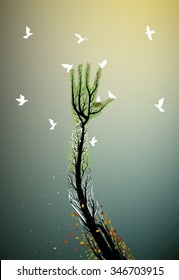 Human hand looks like tree with white pigeons in four seasons of the year (summer, spring, winter, autumn), nature hand,  help the tree and bird concept, save the forest idea, vector