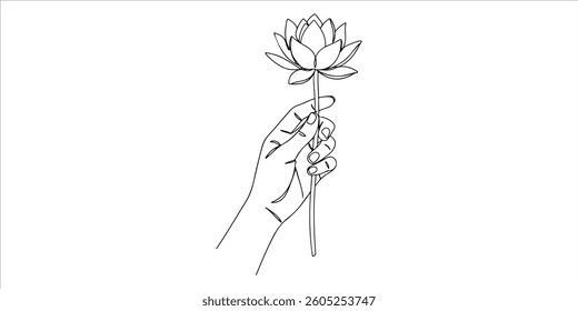 human hand with lotus flower single line art drawing sketch on white background