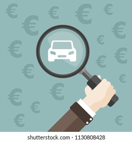 Human hand with loupe, car and euros. Eps 10 vector file.
