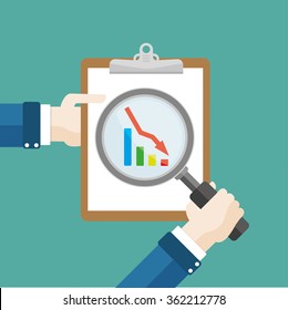 Human hand with a loupe, chart and Clipboard. Eps 10 vector file.