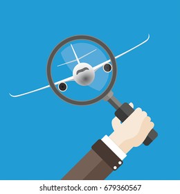 Human hand with a loupe and a jet. Eps 10 vector file.