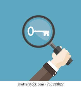 Human hand with loupe and a key. Eps 10 vector file.