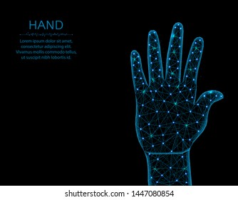 Human hand low poly design, body part abstract geometric image, stop gesture wireframe mesh polygonal vector illustration made from points and lines on black background