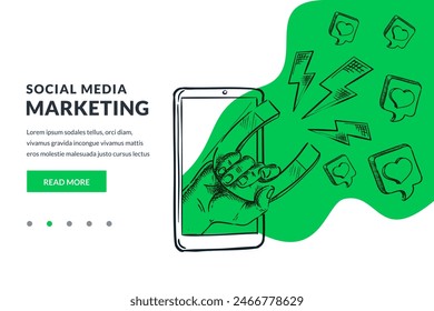 Human hand with magnet on smartphone screen and social media marketing symbols on green abstract shape background. Advertisement, attracting followers concept. Vector hand drawn sketch illustration