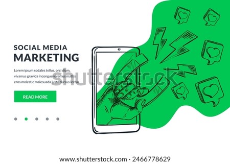 Human hand with magnet on smartphone screen and social media marketing symbols on green abstract shape background. Advertisement, attracting followers concept. Vector hand drawn sketch illustration