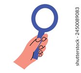 Human hand with magnifying glass, concept of seeking truth, searching for something, finding, surfing. Hand drawn isolated vector illustration