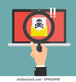 Human hand with magnifying glass found spam email with skull and cross bones computer virus on laptop computer. Vector illustration cybercrime concept design.