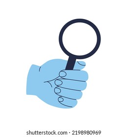 Human hand with magnifying glass or loupe. Hand drawn color vector illustration isolated on white background. Modern flat cartoon style.