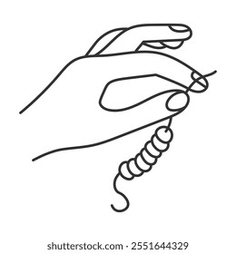 Human hand makes Jewelry Line art. Fingers holding thread with beads. Craftsperson symbol. Outline vector illustration with bracelet or necklace accessory