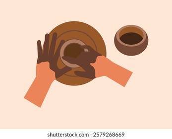 Human hand is making a clay craft, he is making a bowl.
design, vector, illustration