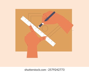 A human hand is making a craft with cardboard, he is drawing the pattern with a pencil and ruler.
design, vector, illustration