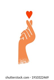 Human hand making fingers gesture small red heart. Asian sign of love. Korean symbol mini heart. Self or body care icon. Message I love you. Charity, volunteer work. Valentines day vector illustration