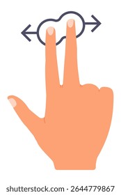 Human hand making gesture on touchscreen device, scrolling or zooming with two fingers, interacting with electronic device, modern technology concept