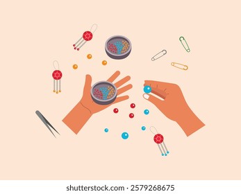 Human hand is making a keychain craft, he uses tools such as tweezers, beads and safety pins.
design, illustration, vector