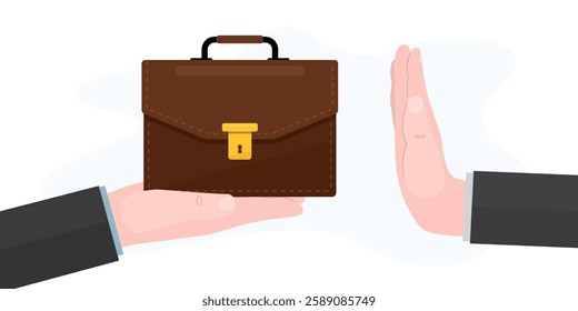 Human hand making stop gesture suspending business deal and refusing to briefcase. Job refuse, businessman does not want to sign contract from employer who makes job offer. flat vector illustration