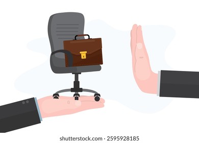 Human hand making stop gesture suspending business deal and refusing to briefcase and office chair. Job refuse, businessman does not want to sign contract from employer who makes job offer. vector