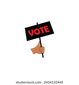  Human hand. Man`s hand holding a sign with a vote word. Voting card, print or poster. Trend symbol. Vector illustration.