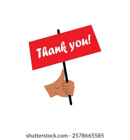  Human hand. Man`s hand holding a sign with a Thank you words. Gratitude card, print or poster. Trend symbol. Vector illustration.